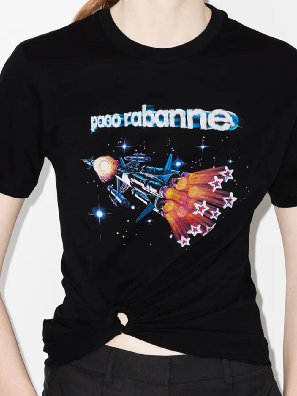 Paco Rabanne Black Tee with Multicolor Rocket Print